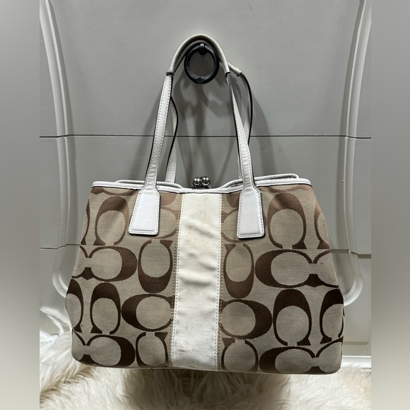 Coach Brown Ivory Jacquard Coach Signature Tote Carryall Bag Satchel Str… - Picture 2 of 10